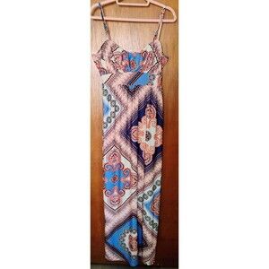 ELLE Women's M Maxi Dress Blue‎ Orange White Paisley Bohemian Sleeveless...